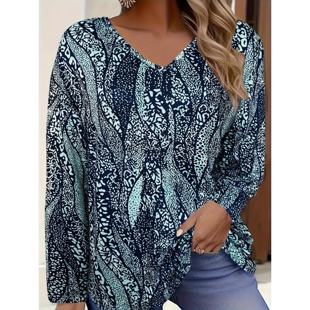 Spring Autumn Fashion Comfortable Soft V-neck Long Sleeve T-shirt Creative Geometric Figure Loose Casual Women Versatile 3D Printed T-shirt