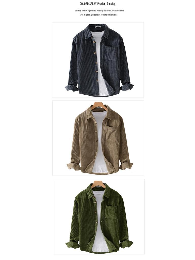 Men's Retro Corduroy Shirt Jacket - Long Sleeve, Casual Spring/Autumn Wear