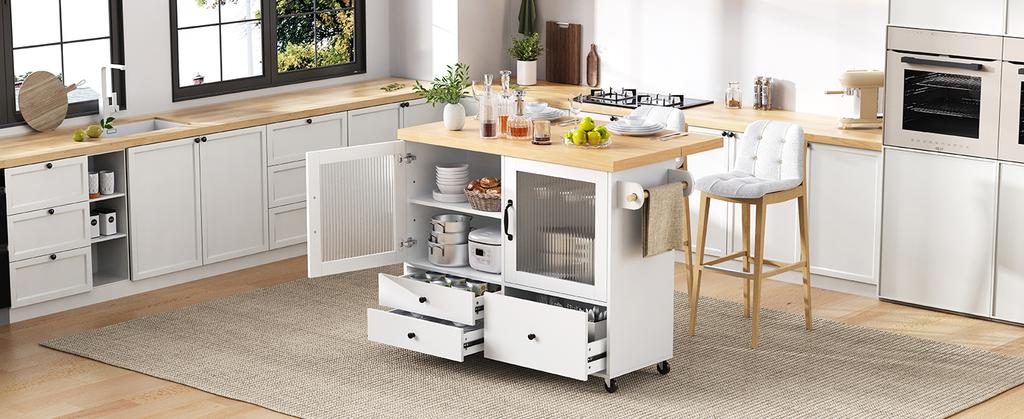 Mobiel keukeneiland met wielen en uitschuifbare eettafel, keukentrolley met wijnglashouder en opbergruimte, voor keuken en eetkamer (Zwart)
