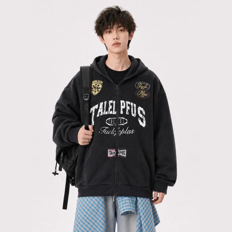 Oversized Vintage American Racing Style Washed Hooded Zip-Up Sweatshirt Men Women Casual Loose Fit