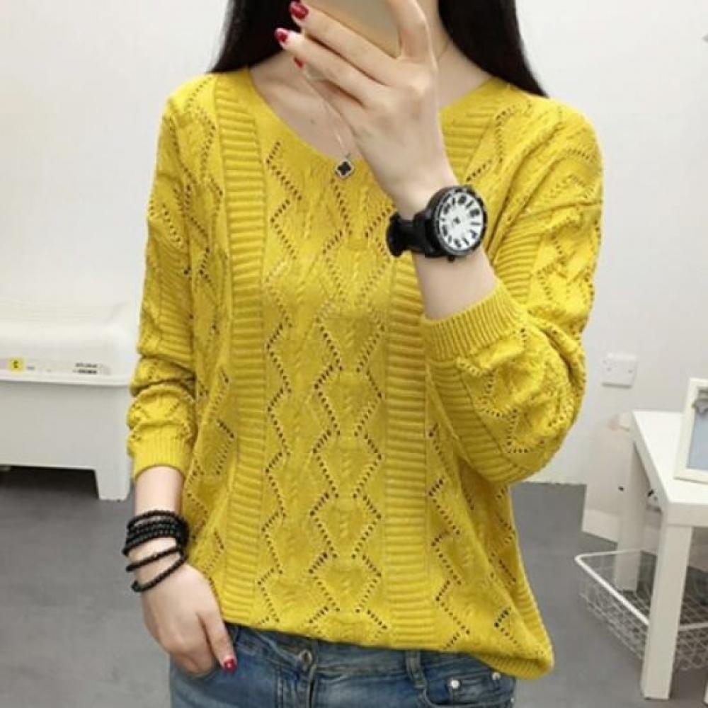NaVaVa Nk1988 Simple Punching Thin Long SleeVe V Neck Knit Top