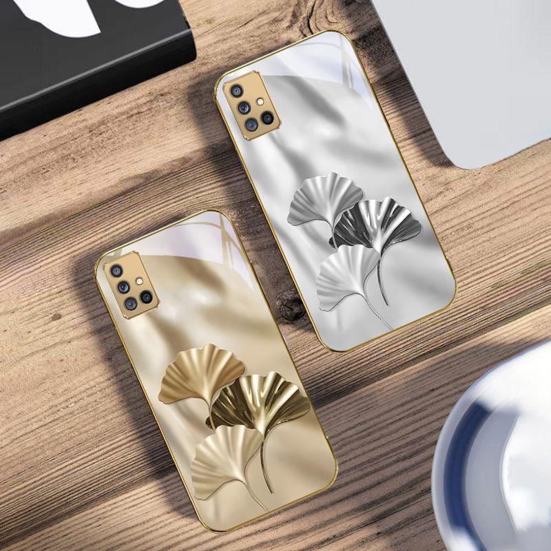 Luxurious Ginkgo Leaves For Samsung A 01 52S 04 05S 10 12 13 22 23 24 36 42 M02 Note 10 20Ultra 8 9 Golden glass phone case