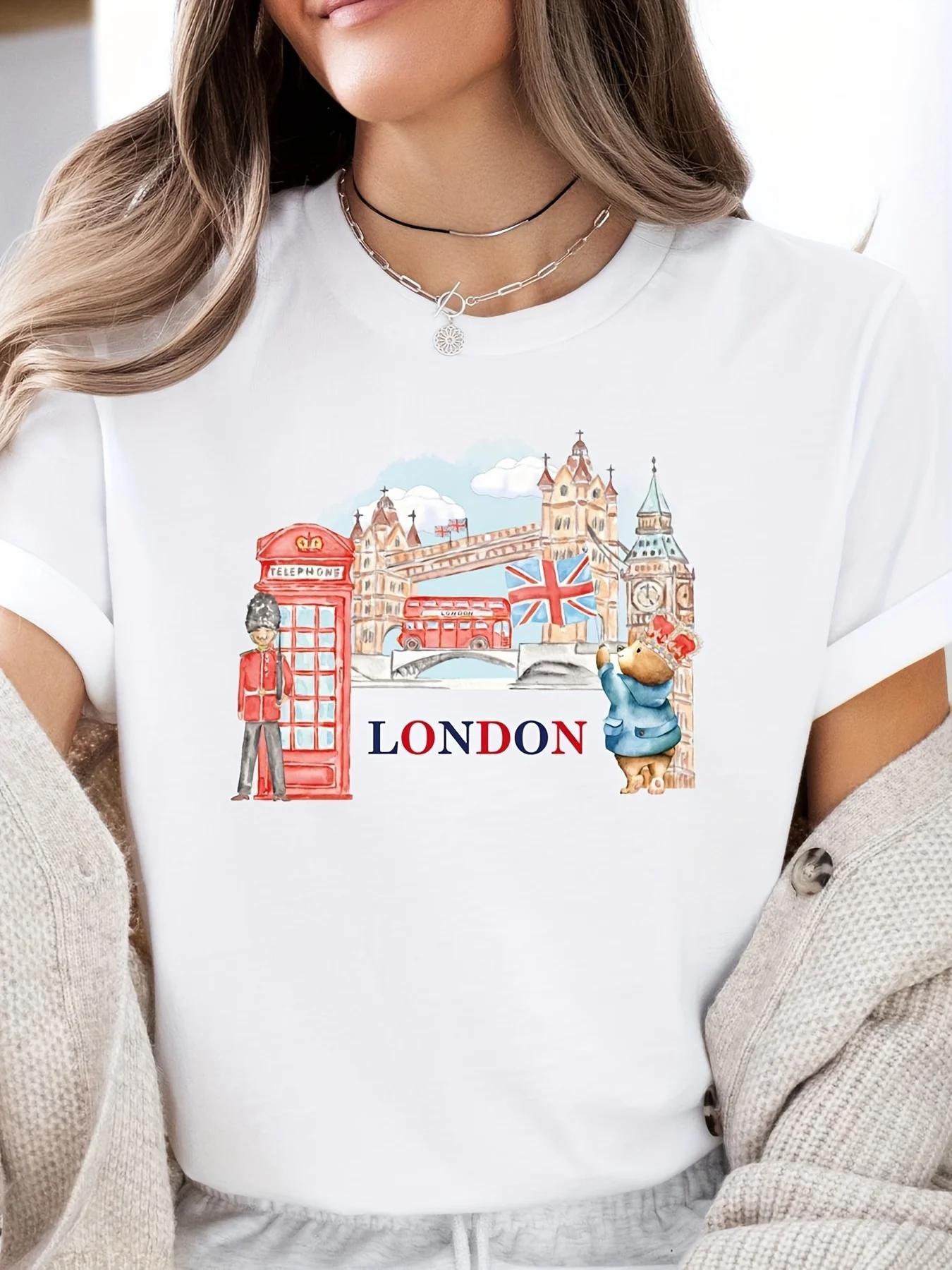 

With London Phone Booth Design Breathable Summer Vacation & Casual Attire Women s Graphic Print Casual Short Sleeve Round Tops 4XL
