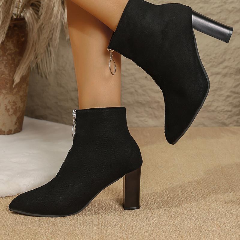 Fashion Flock Zip Decor Ankle Boots for Women Pointed Toe High Heeled Modern Boots Woman Autumn Plus Size Comfort Platform Casual Boots