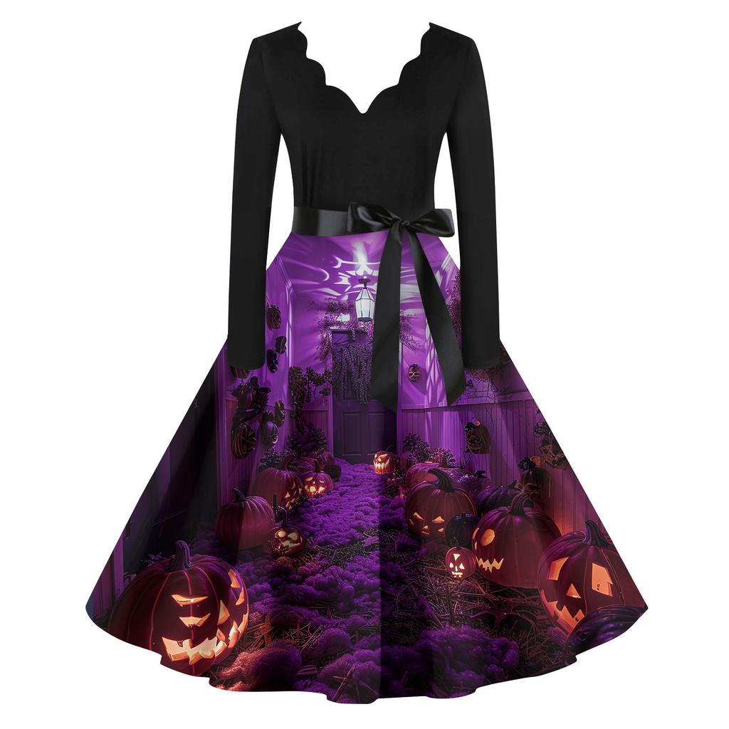 Women's Casual Fashion Print Long Sleeve Dress Cutout Party Casual V Neck Dress