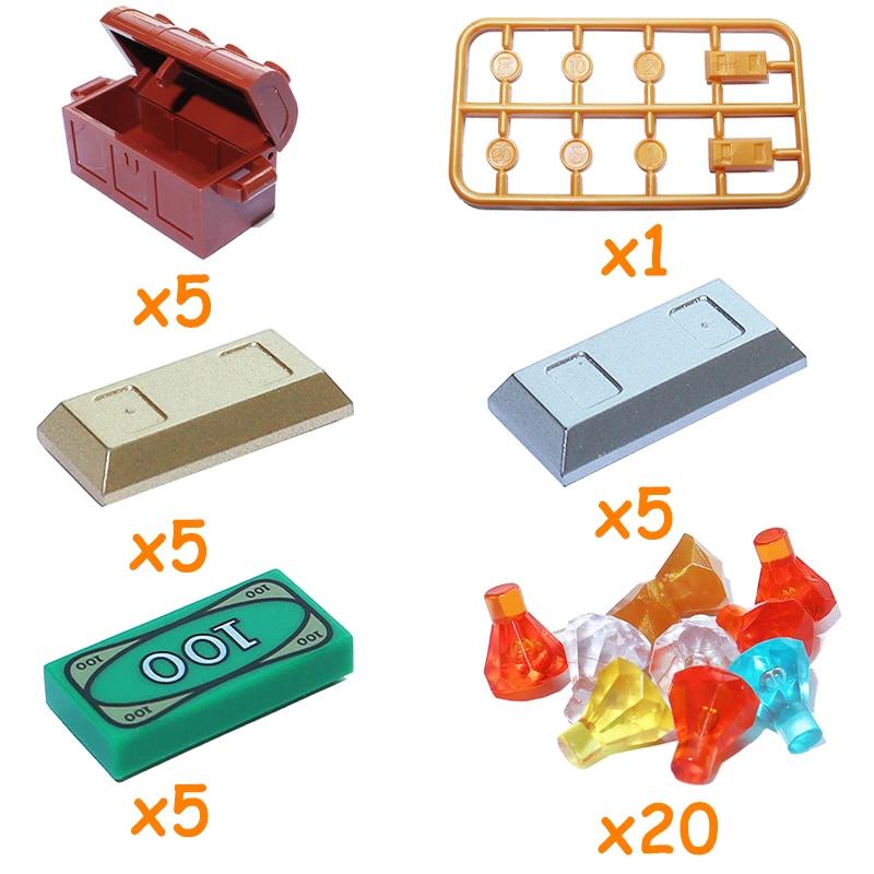 Non-Toxic Building Block City Treasure Chest Gem Box Gold Silver Diamond Dollar Cents Money Coins Cash Bricks Accessory Printed Moc Toy