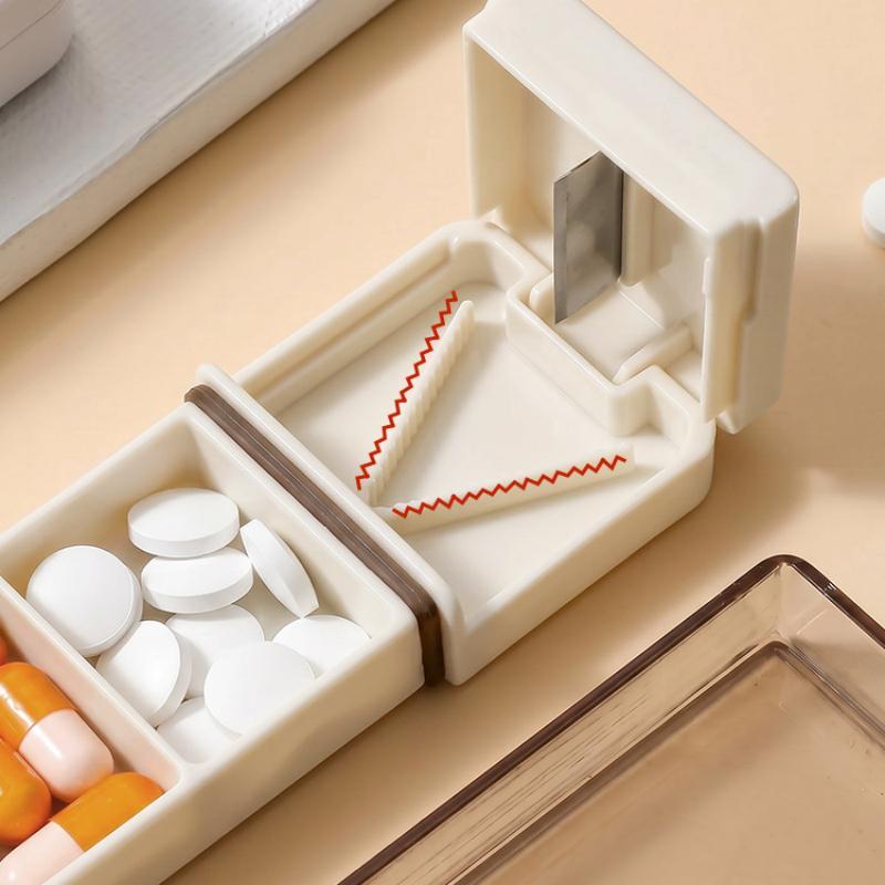 Portable Pill Organizer Integrated Pill Cutter Airtight Moisture-proof Small Pill Case for Students Dorm Daily Medication Storage