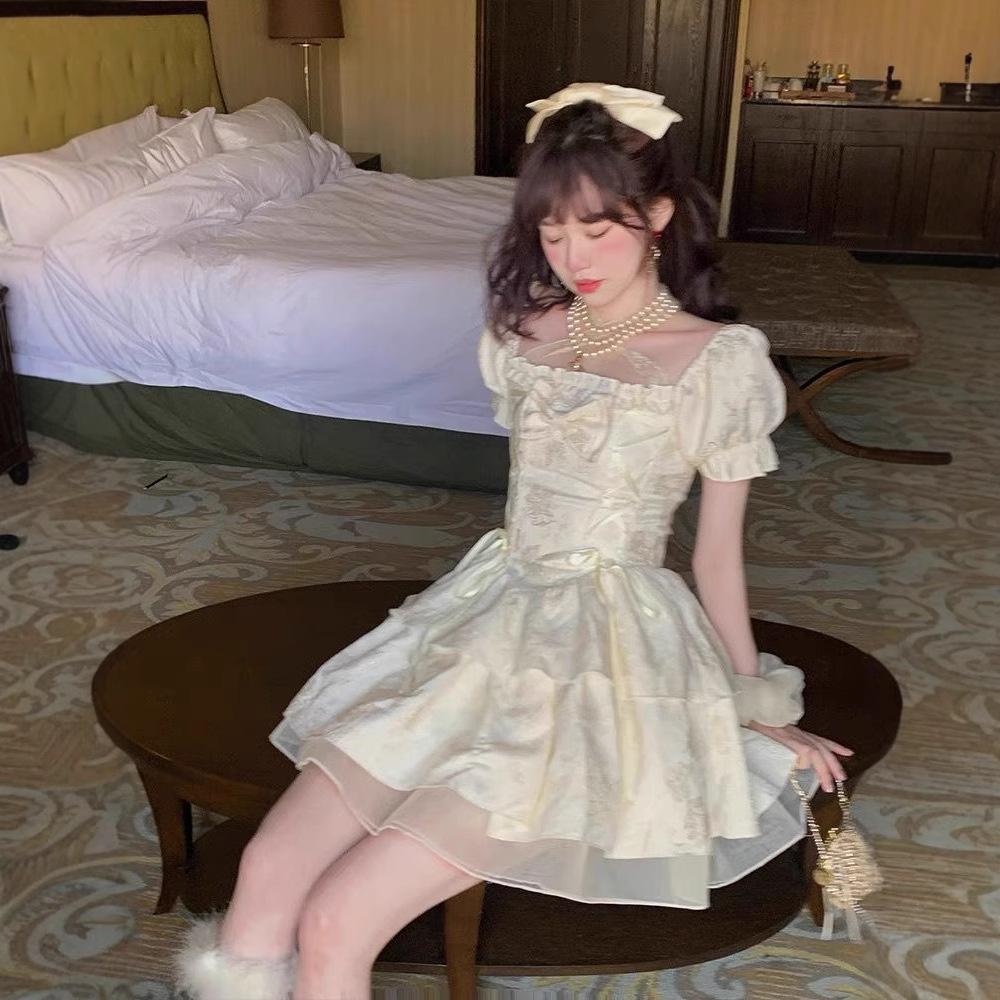 French square neck bubble sleeve pure desire dress waist temperament design sense niche sweet fairy short skirt summer