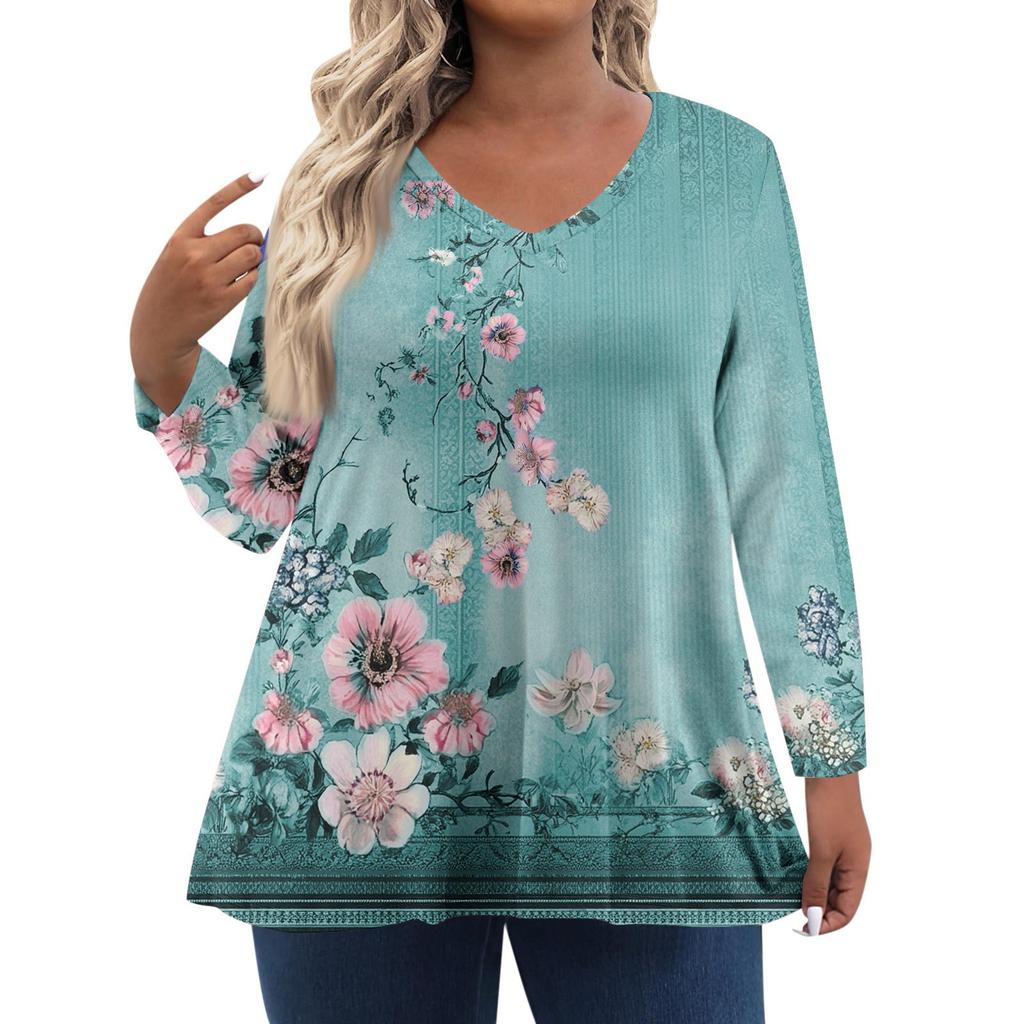 Modisches lässiges Langarm-Oberteil für Damen in Übergröße mit Blumenprint Übergröße Blumenprint-Oberteil