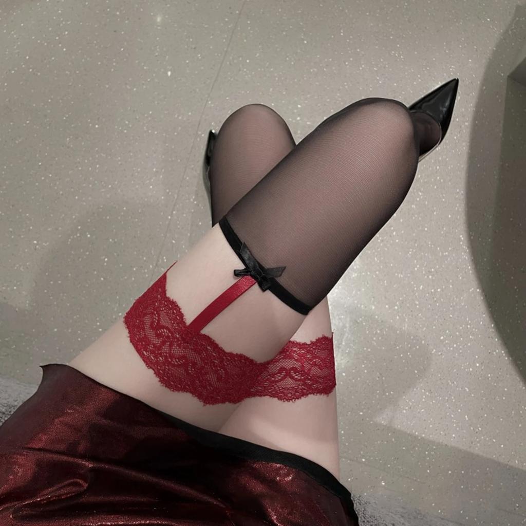 Women's Suspender Stockings with Lace Bows Japanese Lolita Hotsweet Thigh High Stockings Tights