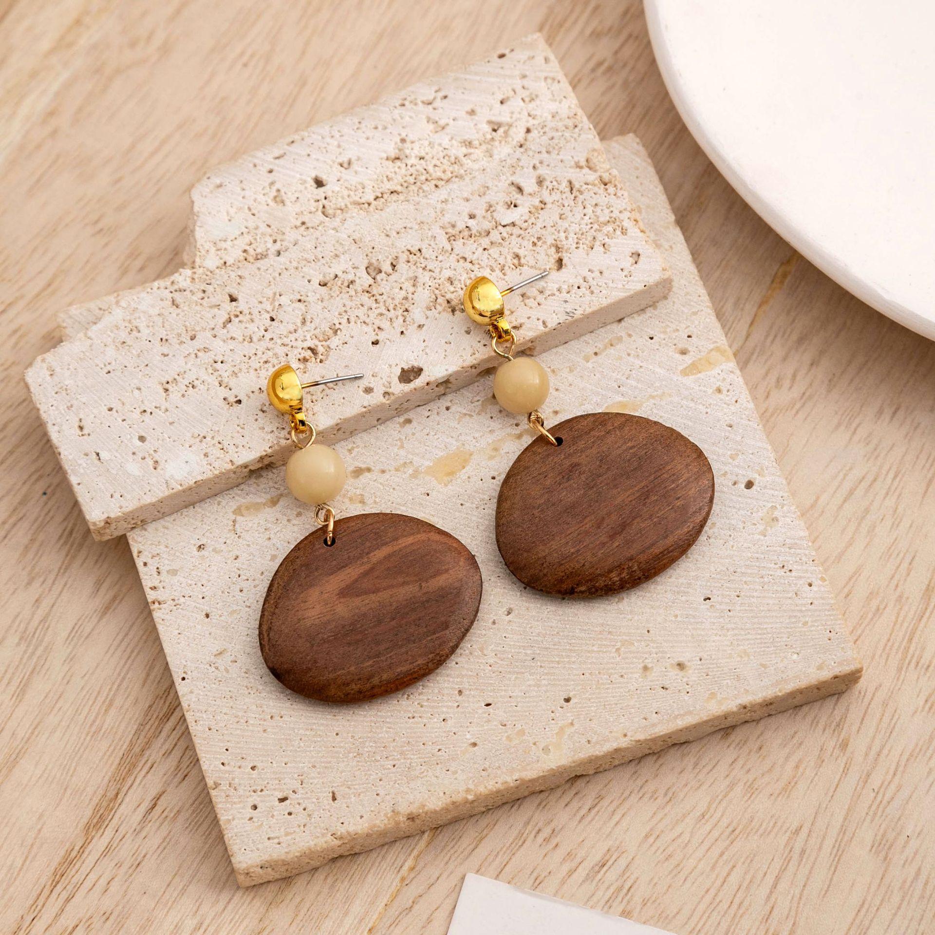 Geometric Wooden Earrings, Retro Simple And Exaggerated Hollow Design Sense Round Wood Earrings For Women