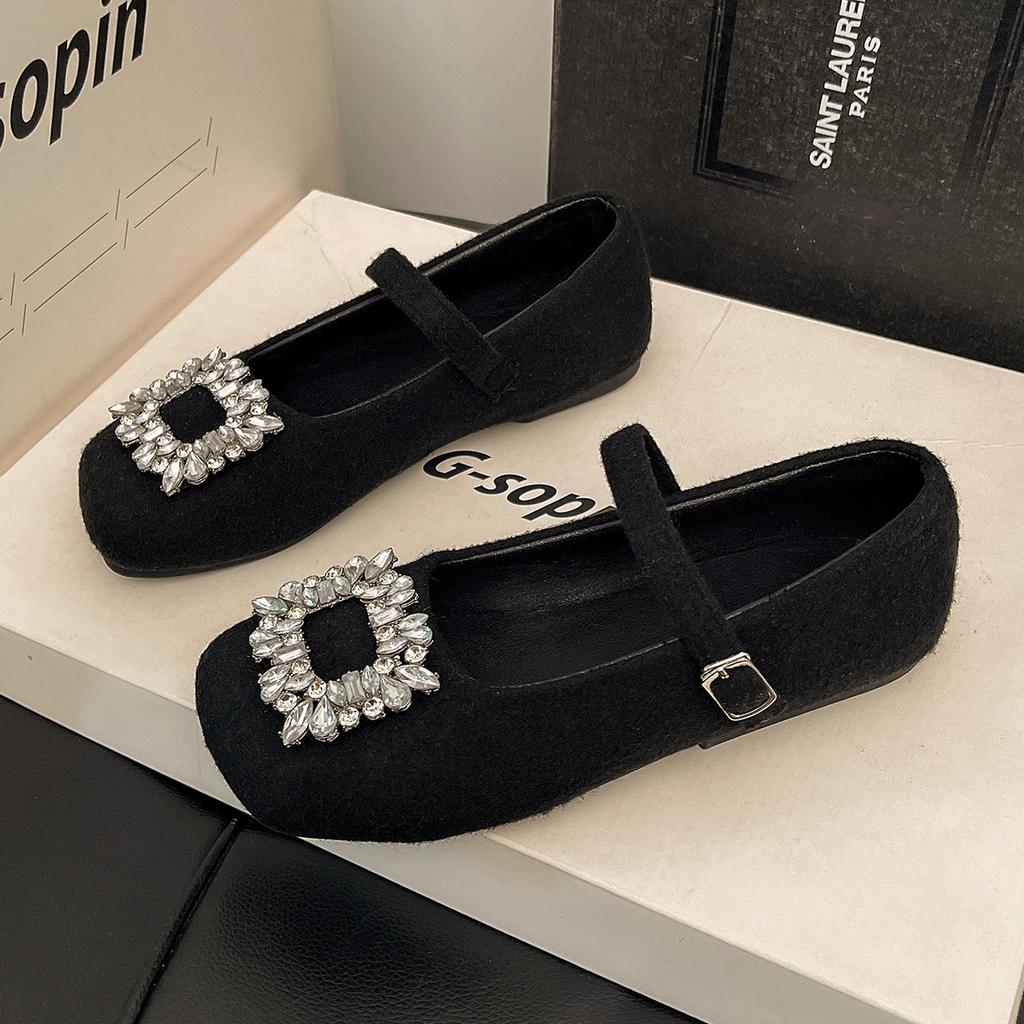 Large size women's shoes 41-43 fat feet French rhinestone woolen Mary Jane shoes spring and summer with skirts shallow beanie shoes list