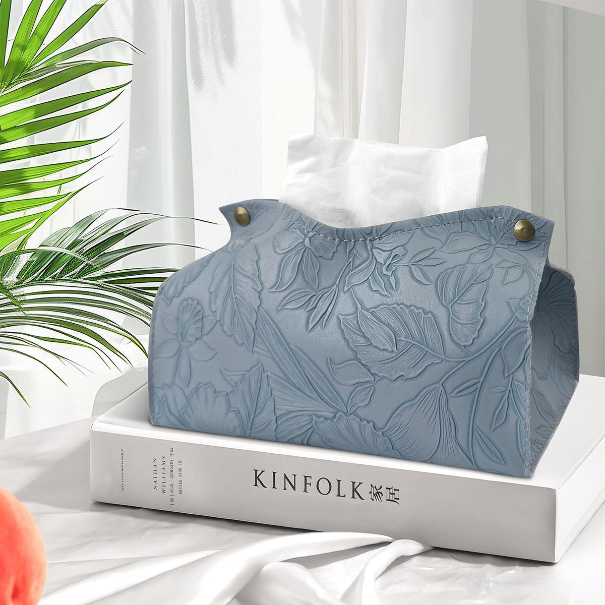 Leather Tissue Box Cover with Embossed Floral Pattern Durable PU Leather Rectangle Tissue Holder for Home Office Car Use One Size