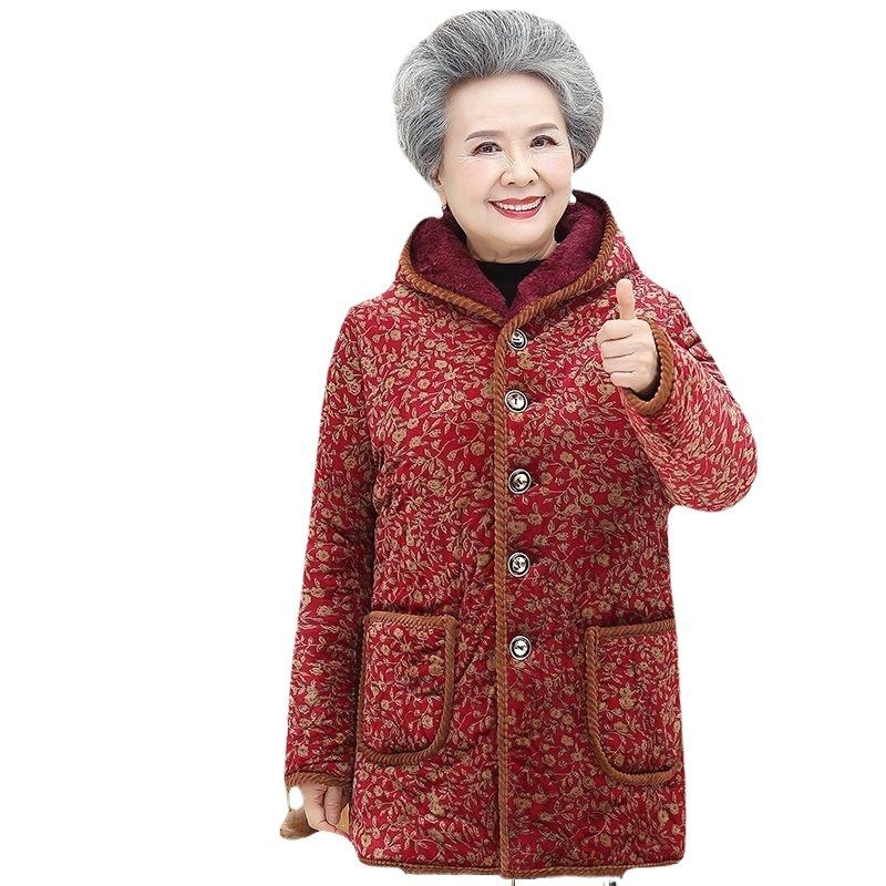 Women's Mid-Length Winter Jacket: Grandma Style, Fleece-Lined, Thickened Cotton for 60s-70s Cold Protection.