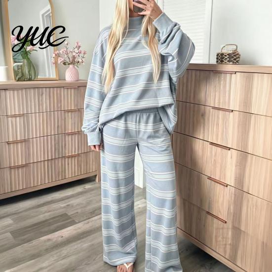 Comfy Sleepwear Sets 2Pcs/Set Women Casual Tracksuit, Mock Neck Long Sleeve Tops, Wide Hoodie Track Pants Leg Sweatpants, Striped Print Outfit