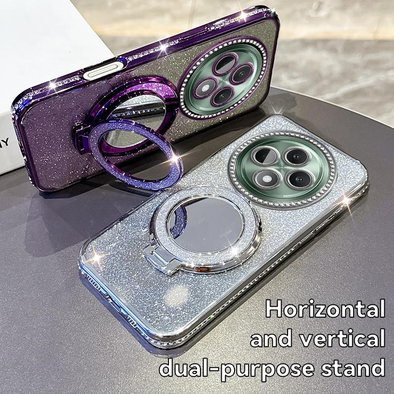 KEYSION Luxury Glitter Jewelled Magnetic Phone Case for OPPO Reno12 F 5G Makeup Mirror Stand Shockproof Cover for OPPO Reno 12F
