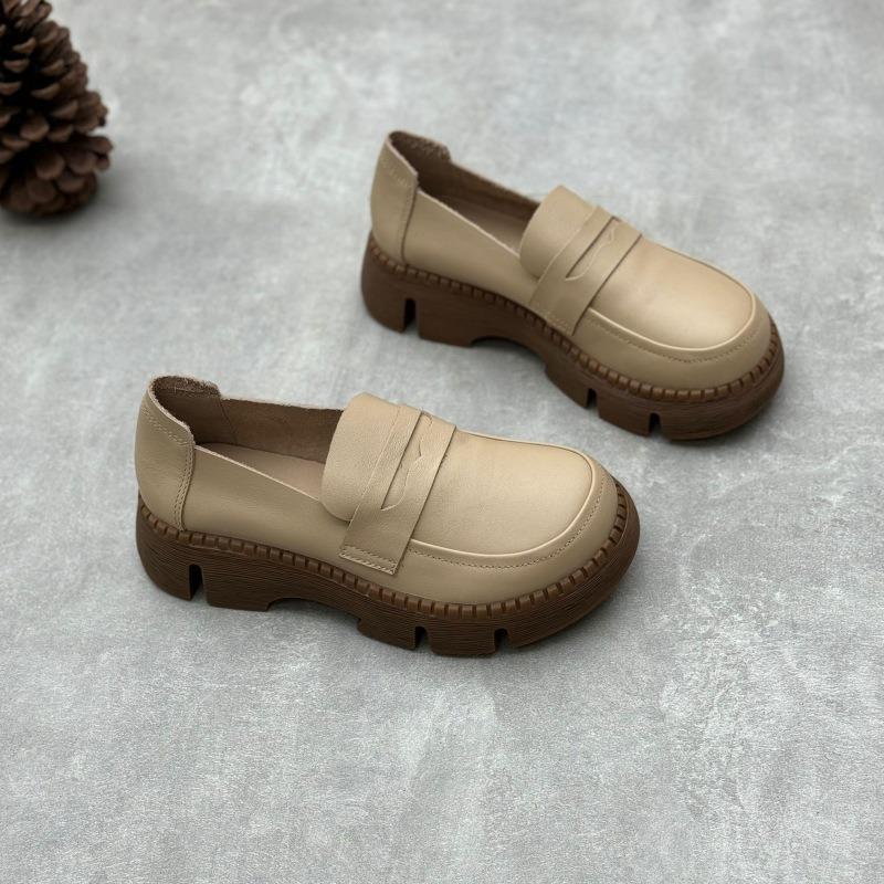 

Туфли ручной работы из кожи на платформе с круглым носком, повседневные женские туфли из мягкой коровьей кожи 40 бежевый