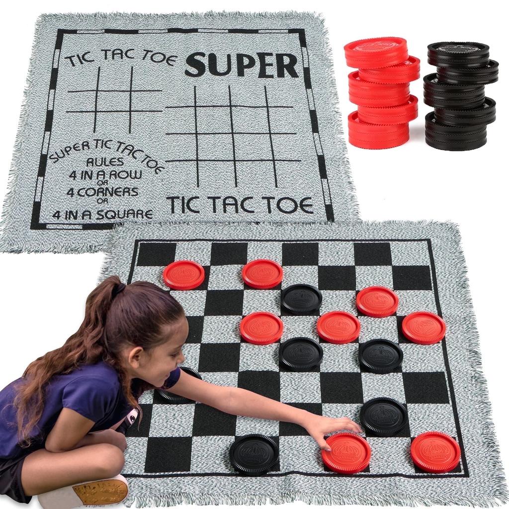 Joyfy 3-in-1 Vintage Giant Checkers Tic Tac Toe Game Kids Outdoor Games Family Adults Toys for Kid Friendly Entertaining Fun Play Safe