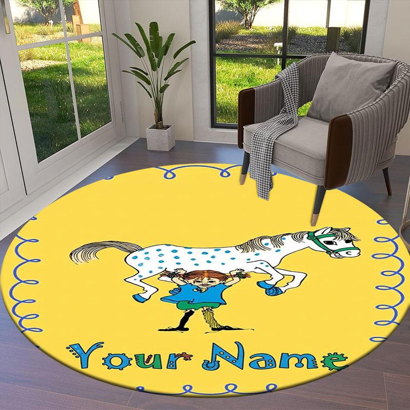 Pippi Longstocking Custom Name Round Area Rug,Carpet Rug for Living Room Bedroom Sofa Playroom Decor,Non-slip Floor Mat