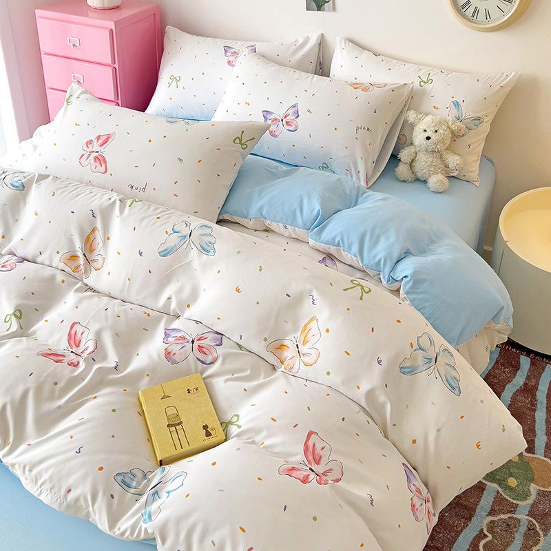 Small Fresh Mattress Quilt Cover Class A Maternal And Infant Grade Cartoon Dormitory Bed Sheet Three-Piece Set Super Soft Washed Cotton 4Pcs Set