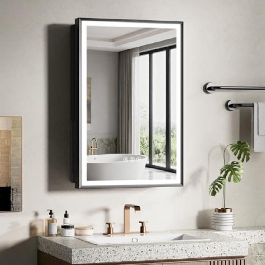16X24 Inches Framed Medicine Cabinet with Lights, Bathroom Medicine Cabinet with 3-Color/Dimmable, Anti-Fog, Plug-in and Hardwi