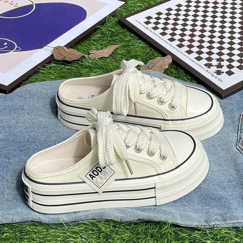 Plateau-Canvas-Schuhe Damen 2025 Sommer neu vielseitig ohne Absatz Halbschlappen Ein-Pedal weiße Schuhe Freizeitschuhe