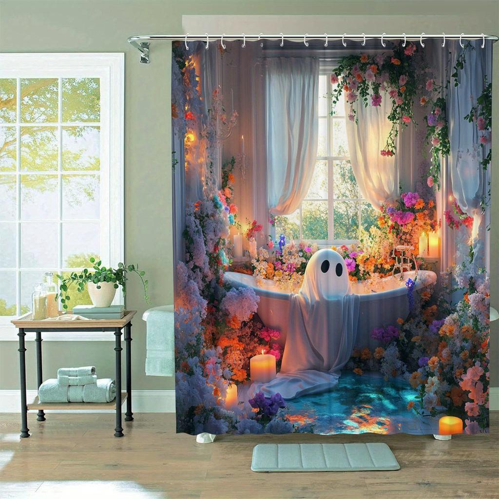 A Polyester Blend Shower Curtain with an Artistic Ghost Theme, Made from Durable Polyester Material, Available in Multiple Sizes
