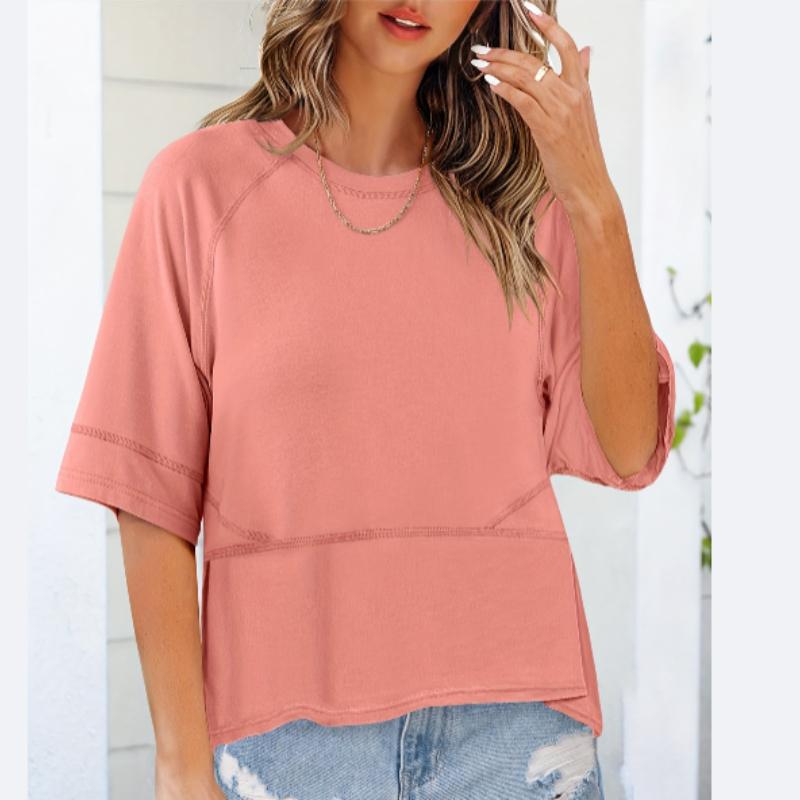 

Women s Soft Pink Crew Neck T-Shirt - Relaxed Fit Drop Shoulder Half-Sleeve Blouse, Everyday Casual Chic Tops for Women, Versatile Top 3XL рожевий