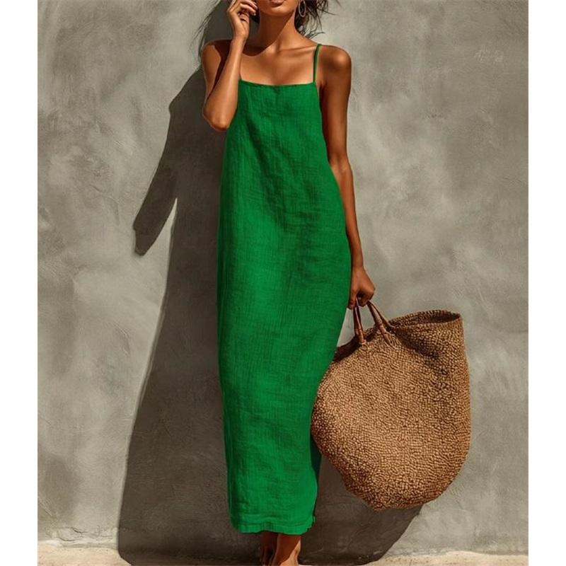 Women Linen Cotton Slip Maxi Dress Sleeveless Spaghetti Strap Straight Long Dress Summer Casual Beach Vacation Sundress