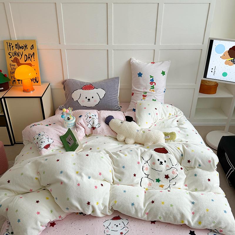 

Love Cute Pet~ Thickened Milk Fleece Towel Embroidered Striped Love Rabbit Bed Four-Piece Coral Fleece 1.5 Meters 1.2m sheet 3pc/applicable 150x200cm quilt core