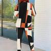Women Plus Size Round Neck Long Sleeve Printed White Orange Two Piece Fitted Pants Set