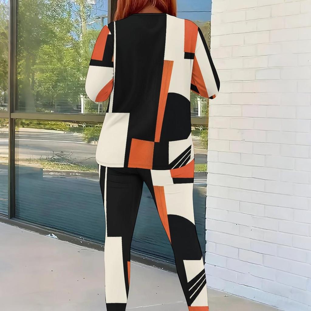 Women Plus Size Round Neck Long Sleeve Printed White Orange Two Piece Fitted Pants Set