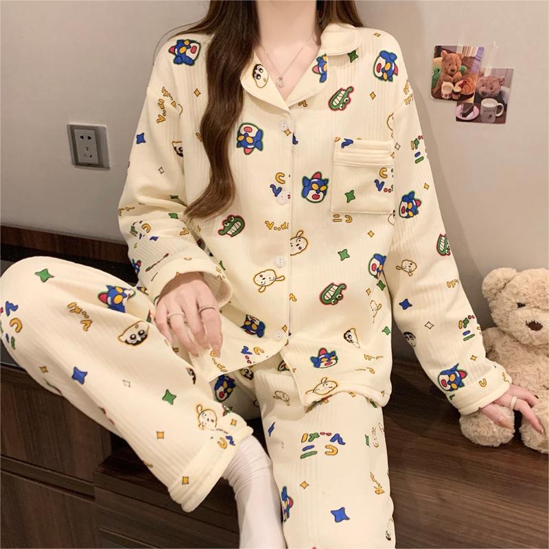 Air cotton pajamas women's autumn and winter long sleeves thickened interlayer warm stars cat student loungewear real shot