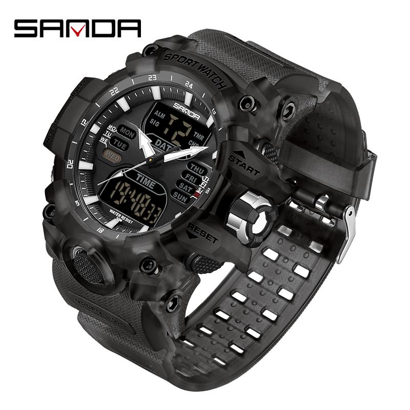 SANDA G Style Step Calorimeter Single Electronic Watch Nightlight Waterproof Sports Double Display LED Digital Quartz Men Watch
