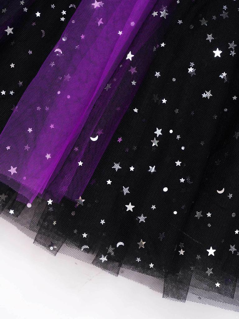Mädchen Hexenkostüm Kurzer Puffärmel Glitzerndes Netz-Tüllkleid Halloween Cosplay Verkleidung