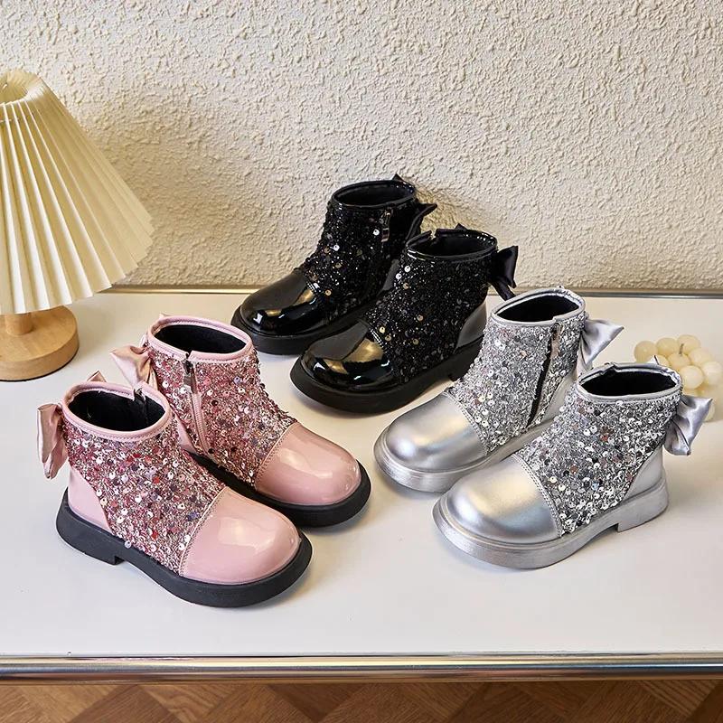 2024 Children Short Boots for Girls Autuumn Winter New Fashion Korean Style Princess Bowtie Party Outside Versatile Leather Shoe