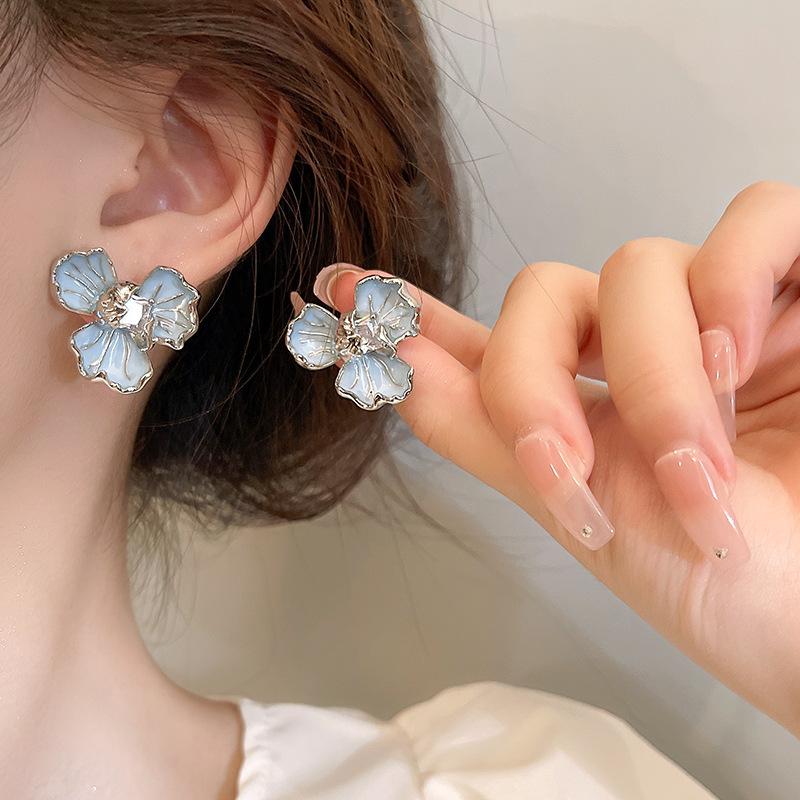 Luxury Dripping Oil Flower Earrings Korean Rhinestone Crystal Stud Earrings For Girls Women Trendy Jewelry Party Accessories