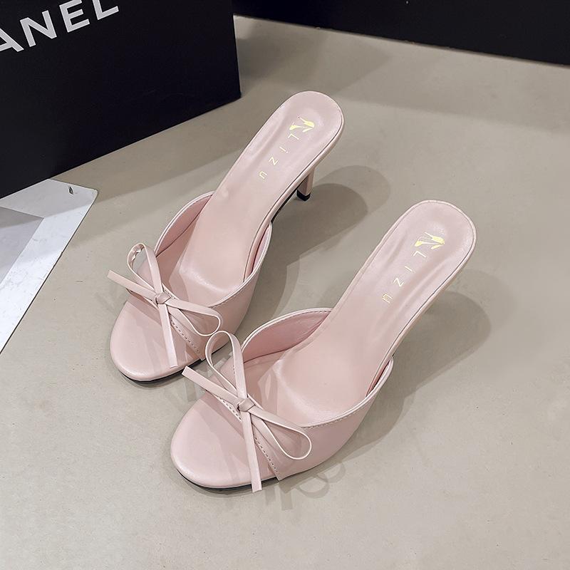 Gentle French summer 2025 new bow word cool slippers women's summer wear stiletto high heels