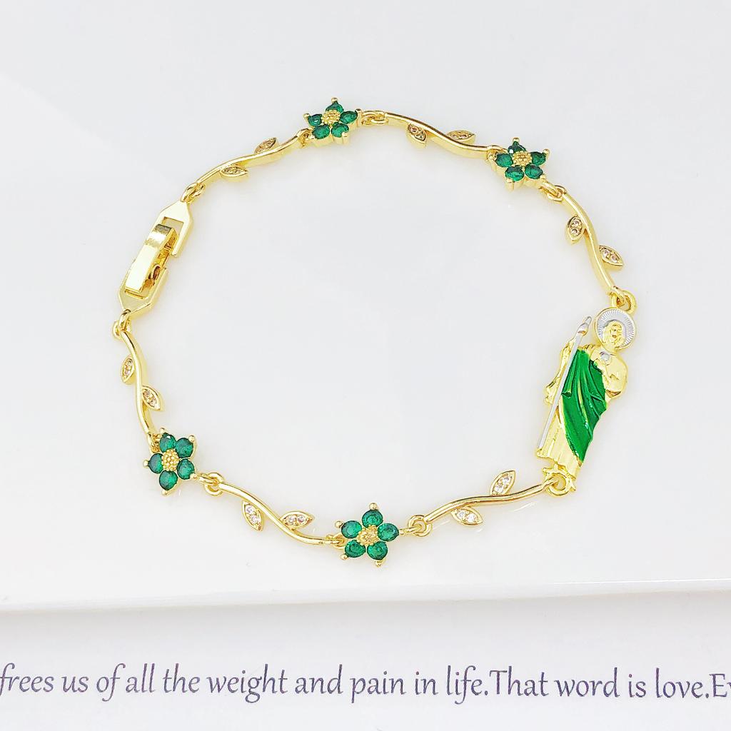 New Arrivals Pink Green Enamel Art St. Jude Rhinestone Flower Chain Bracelet Classic for Women Girl Party Religious Jewelry Gift