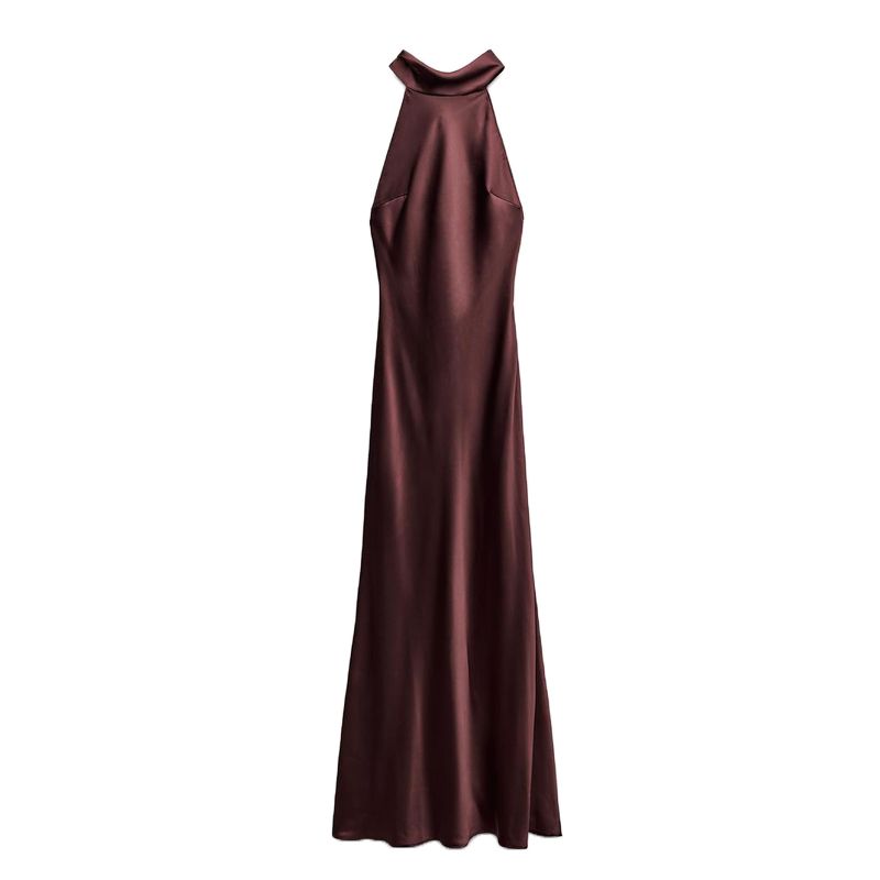 Fall and Winter New Women's Clothing French Elegance Evening Dress Hanging Collar Silk Satin Texture Length Dress 8739331