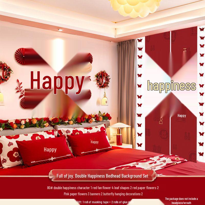 Wedding Room Decoration: Bride and Groom's Bedroom Wall Double Happiness Pull Flower Set