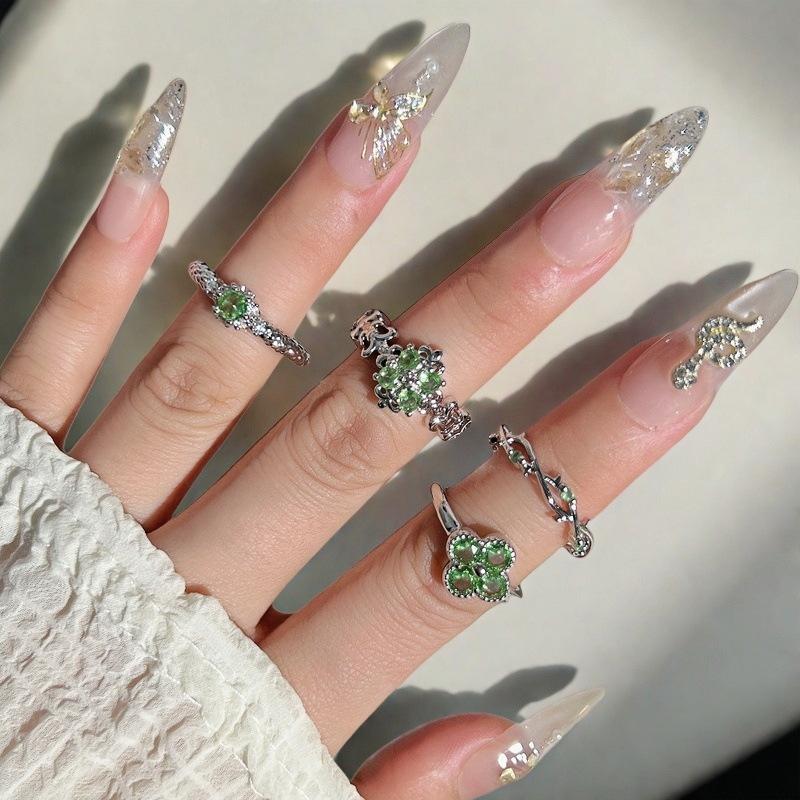 Spring And Summer Color Treasure Olive Green Zir*****Pen Ring Branches Flowers Full Of Diamonds High-End Light Luxury Personality Ring