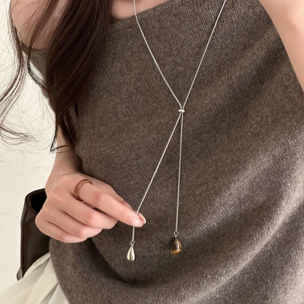 Tendance Style Maillard Œil de Tigre Pierre Goutte d'Eau Pendentif Collier Long en Y pour Femmes Chaîne de Pull Réglable Bijoux Cadeaux