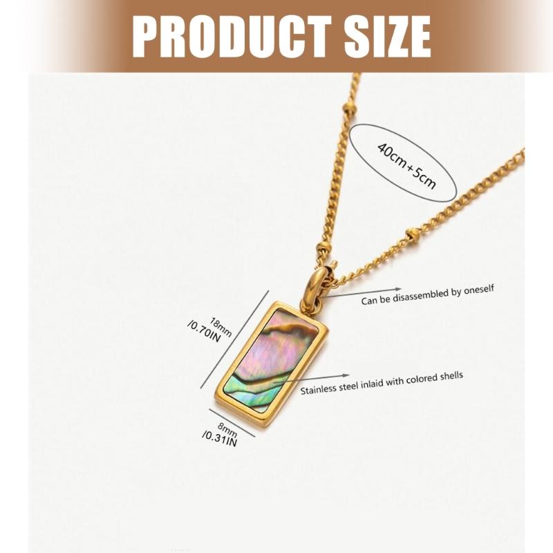 Women Simple Square Pendant Necklace with Removable Charm and Shell Inlay On Sturdy Stainless Steel Chain