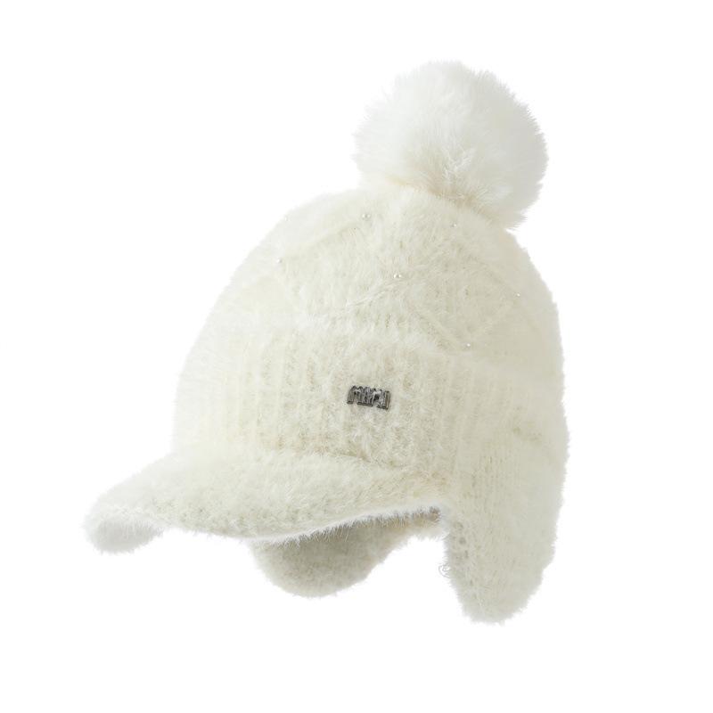 Saco de Orelha Tricotado em Lã, Chapéu Quente com Aba de Pato, Boné de Beisebol Feminino Plush Forrado à Prova de Vento para Outono e Inverno