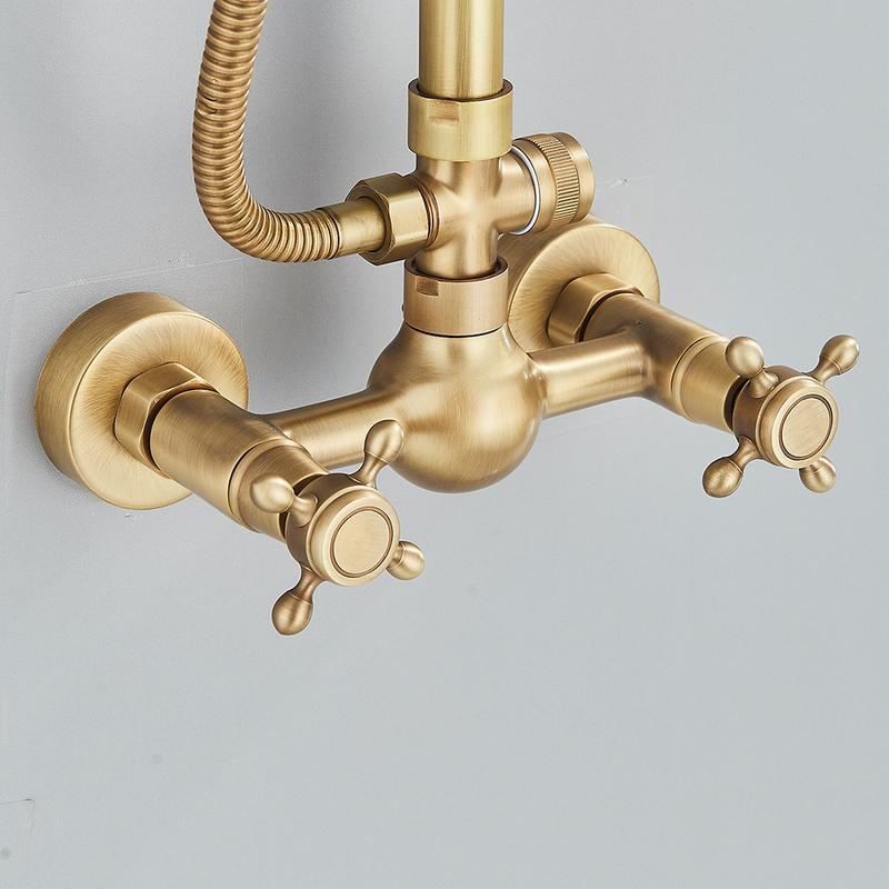 Set Rubinetteria Doccia in Ottone Antico Montaggio a Parete Kit Doccia Retrò Miscelatore a Doppia Manopola Doccetta Kit Vasca da Bagno