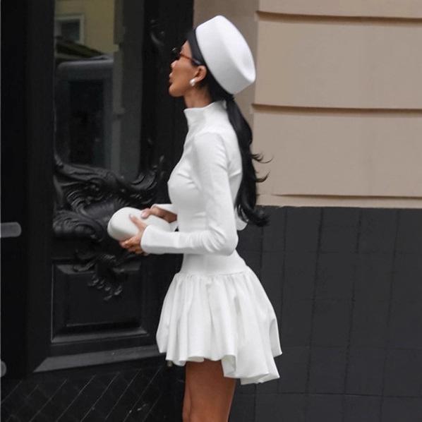 French Hepburn Style White Long-sleeved Dress Women's Autumn Fashion with A-shaped Bud Skirt Short Skirt Women's Clothing