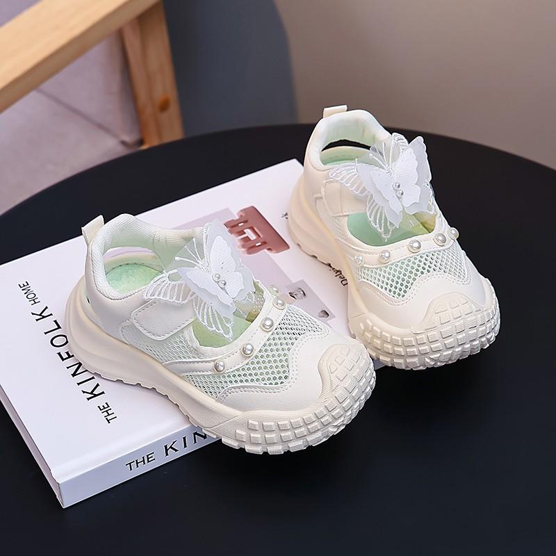 Girls Summer Pearl Bow Princess Sandals Soft Sole Breathable Mesh Casual Shoes For Kids