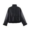 Womens Streetwear Faux Leather Biker Jacket With Zipper Sherpa Lining Loose Fit Black Coat