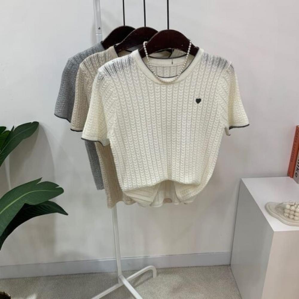 C S In The Room HearT Cable KniT Round neCk ShorT Sleeve T ShirT 3Color